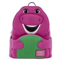 Purple dinosaur-shaped backpack with a green belly on a white background