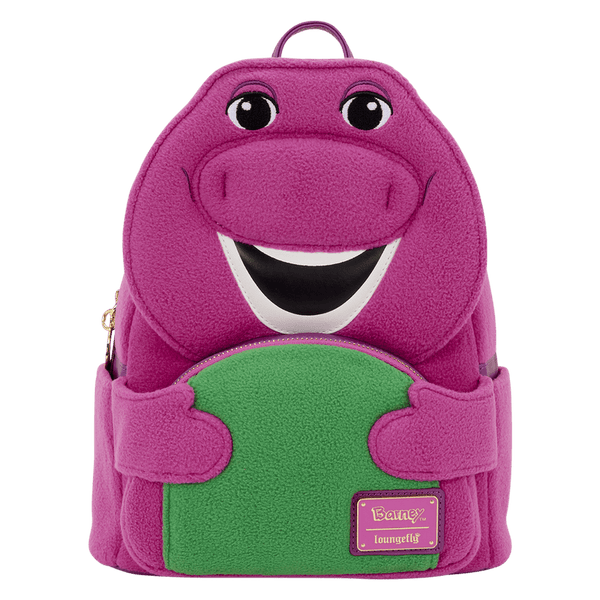 Purple dinosaur-shaped backpack with a green belly on a white background