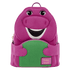 Purple dinosaur-shaped backpack with a green belly on a white background