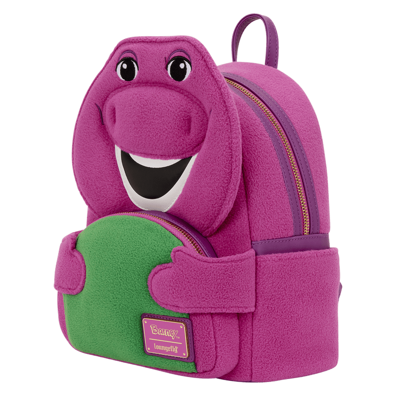 Purple backpack with cartoon character face on a white background