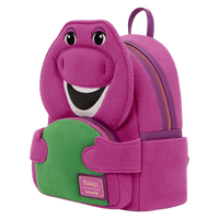 Purple backpack with cartoon character face on a white background