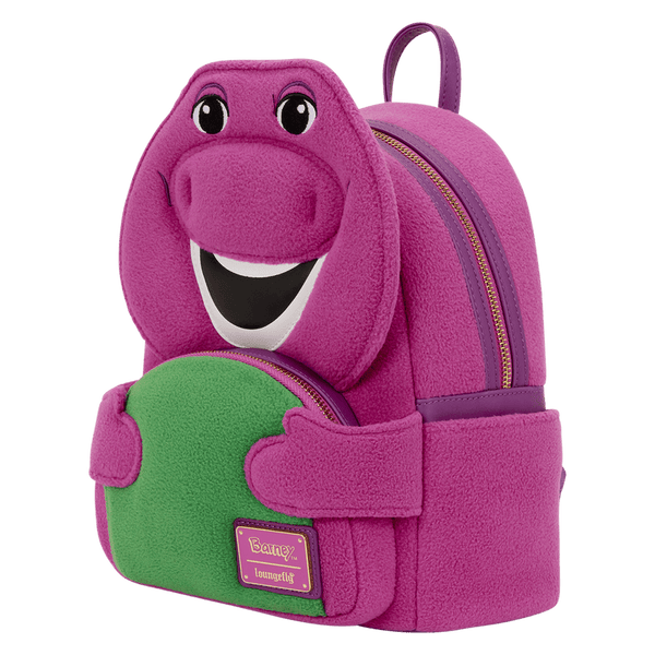 Purple backpack with cartoon character face on a white background