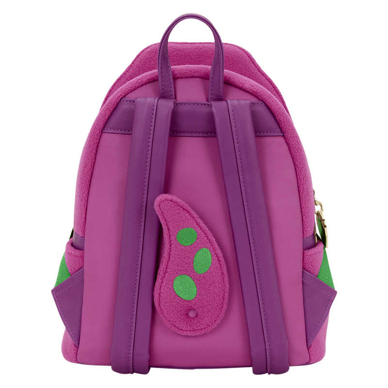 purple backpack with green accents on a white background
