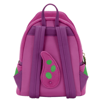 purple backpack with green accents on a white background