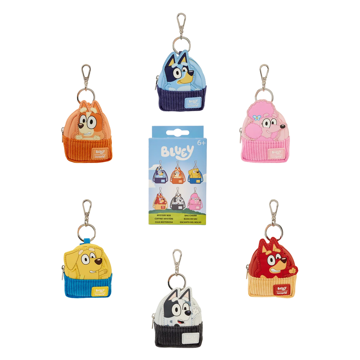 Six Bluey-themed cupcake coin purse keychains in different colors, arranged around a central Bluey character packaging card on a plain white background.