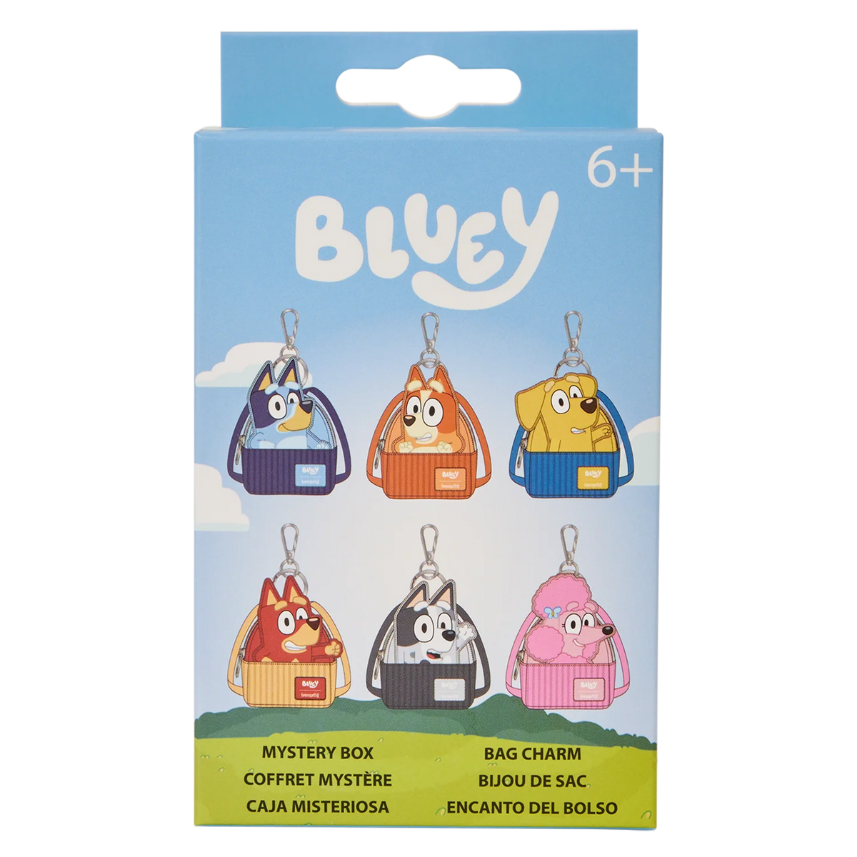 Bluey brand mystery box bag charm packaging, featuring six different cartoon dog bag charms in various colors (purple, orange, blue, red, black, pink) on a light blue and green box.