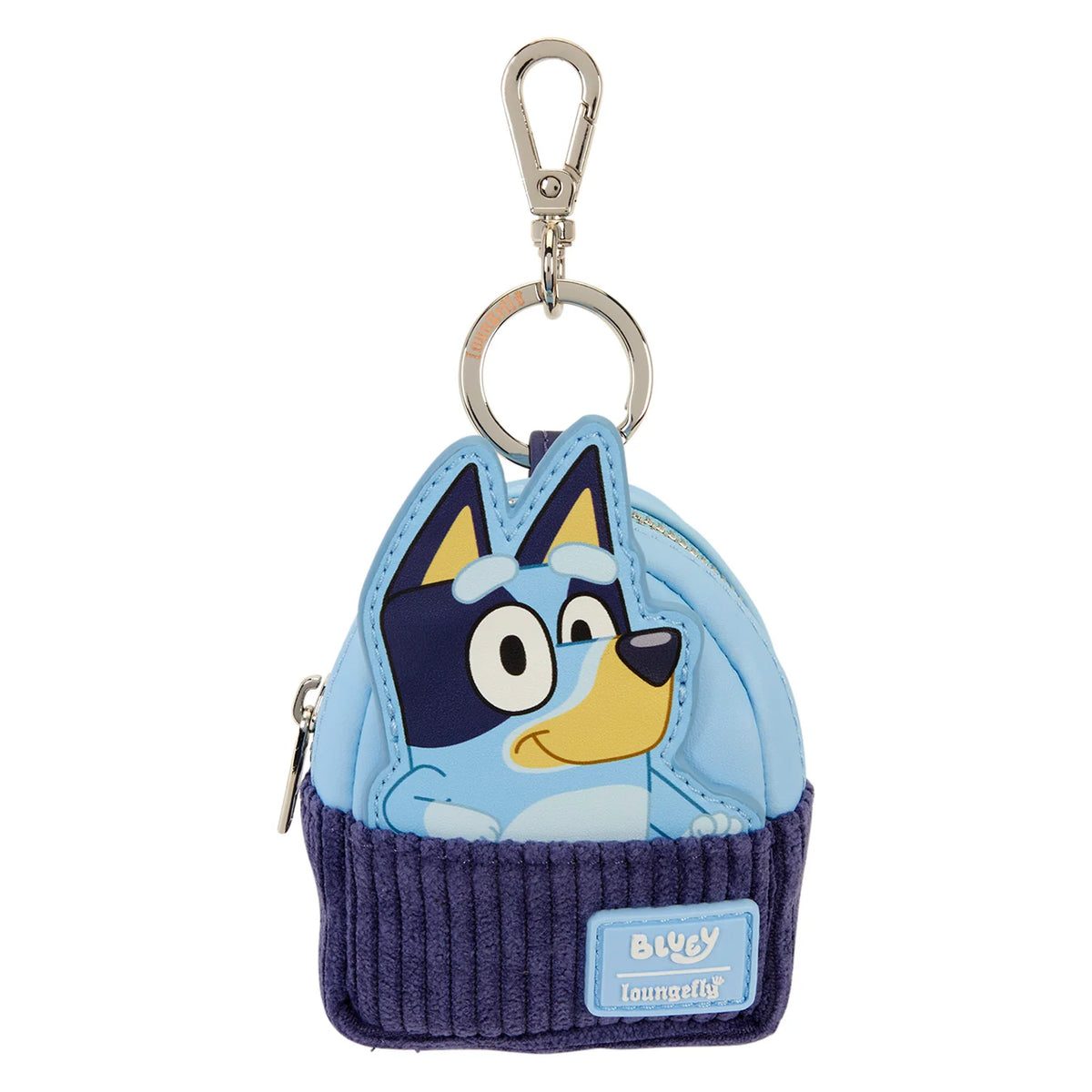 A Bluey-themed mini keychain pouch shaped like Bluey peeking out of a beanie. The top half is light blue with Bluey's face, and the bottom half is a dark purple corduroy beanie.