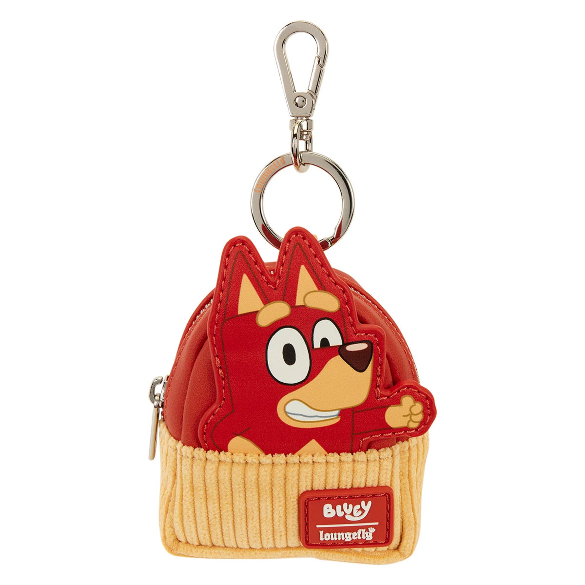 A small keychain pouch featuring a red cartoon dog character peeking out from a yellow knit hat design, with a silver clasp at the top and a visible Loungytig label on the front.