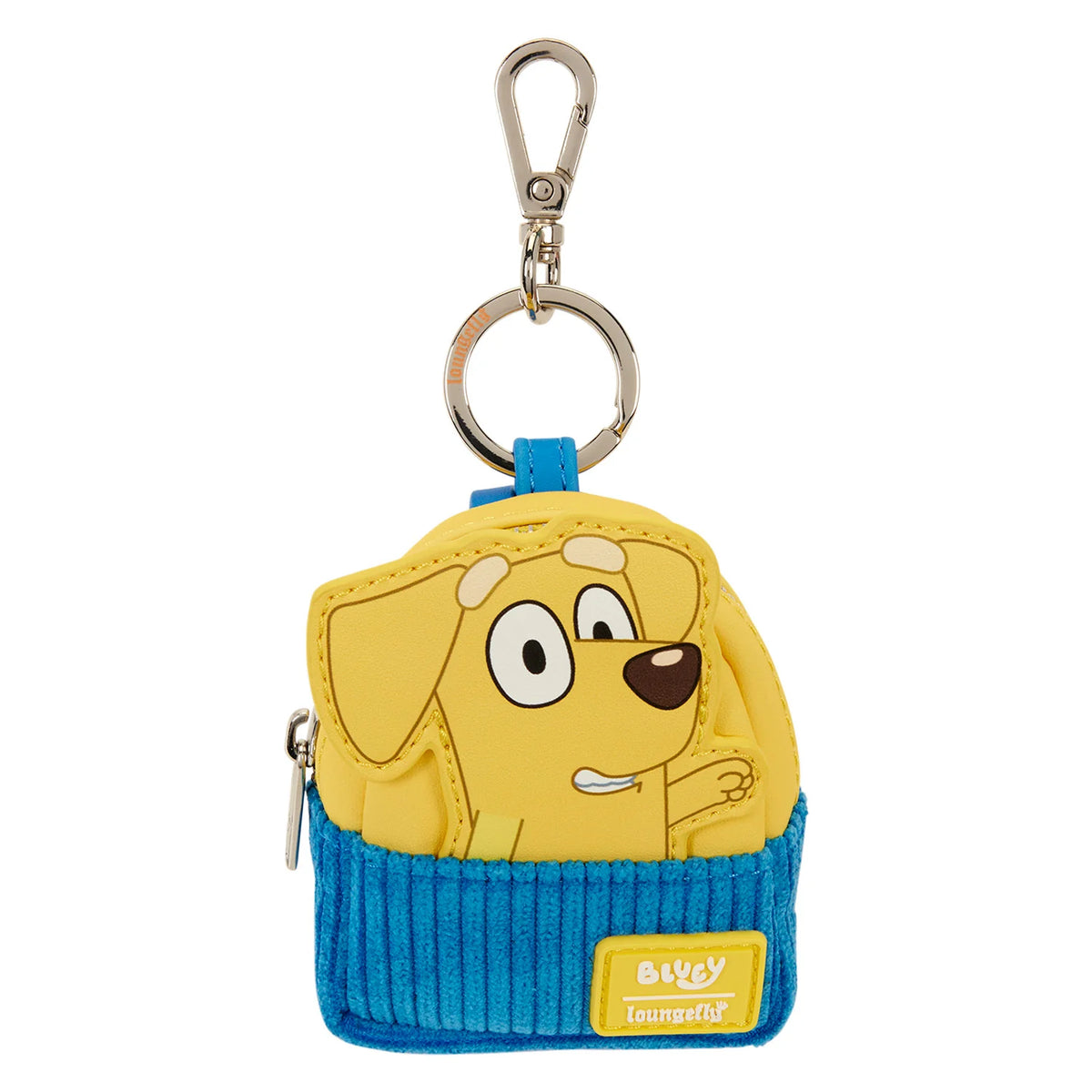 A small coin purse keychain featuring a yellow cartoon dog character peeking out from a blue ribbed knit-style bottom, with a silver key ring and clasp on a plain white background.