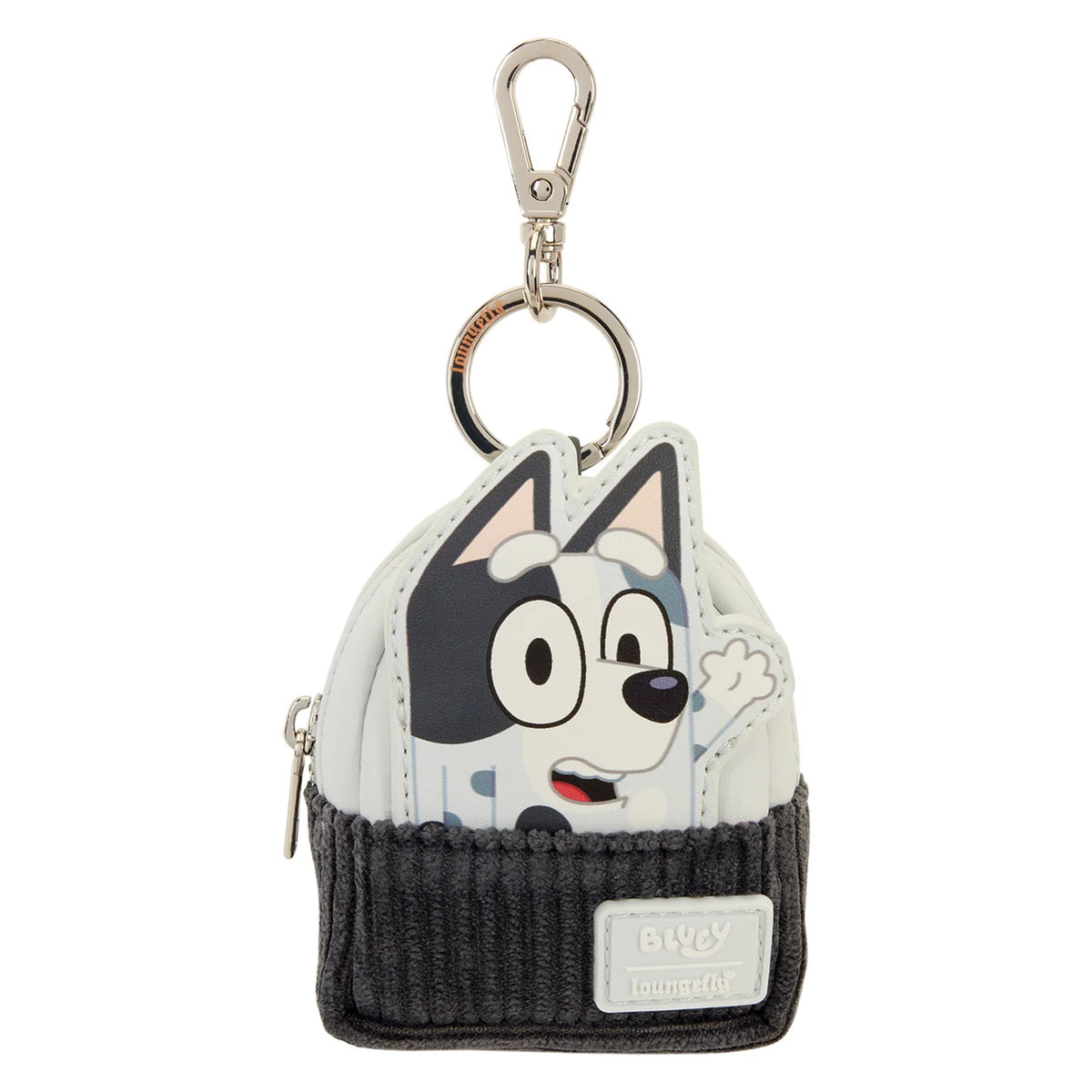 A small character keychain pouch featuring a cartoon dog face peeking out from a dark gray ribbed knit bottom. The top is off-white with black and pink ear details, and it has a silver metal clasp and key ring.