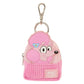 A pink poodle-shaped keychain bag with a ribbed knit lower half, a silver clasp, and a front patch reading 'Blue Loungefly'.