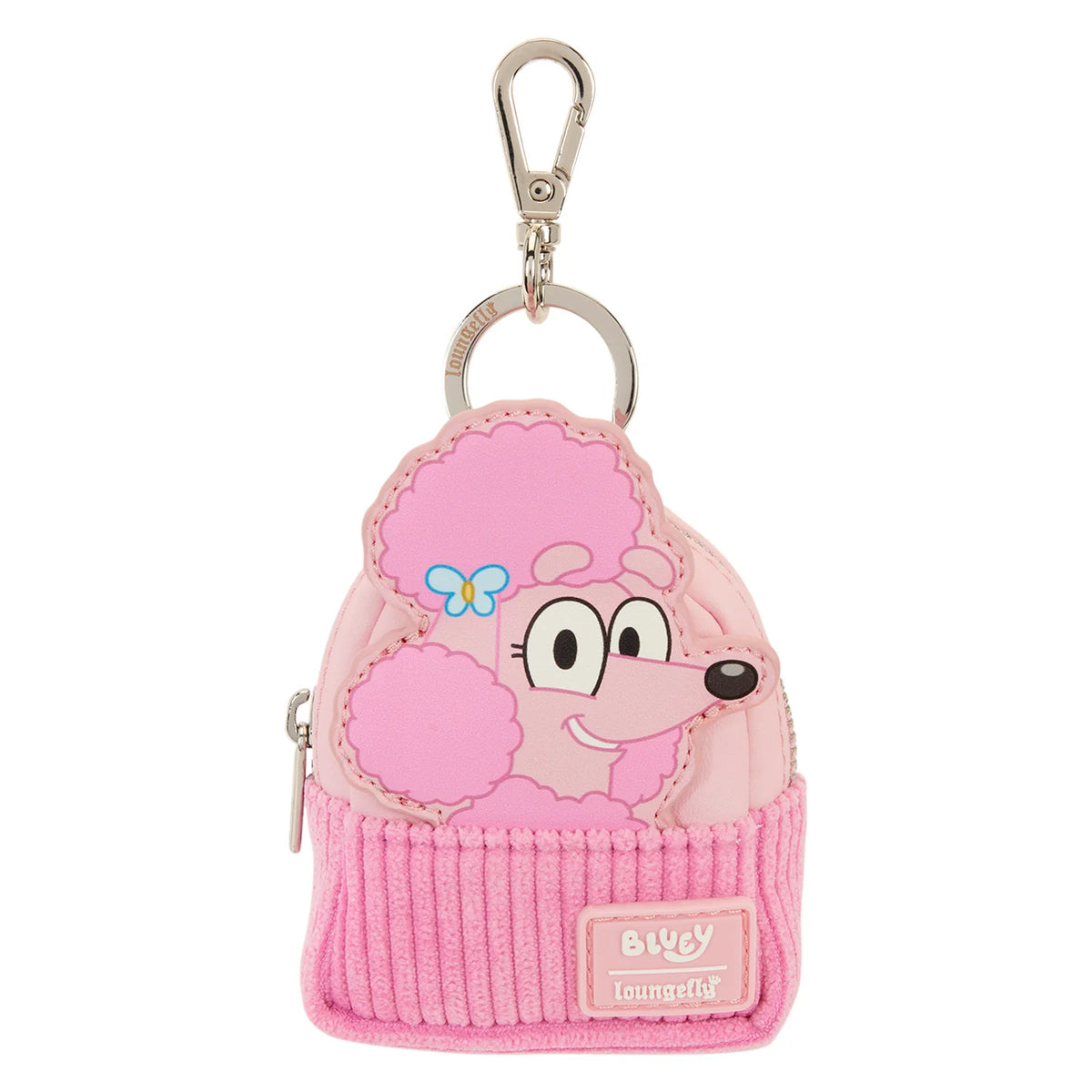 A pink poodle-shaped keychain bag with a ribbed knit lower half, a silver clasp, and a front patch reading 'Blue Loungefly'.