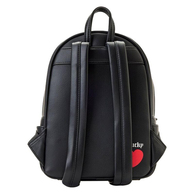 Black backpack with a red heart and white text on a white background