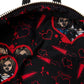 Black bag with red and white pattern featuring a character and hearts.