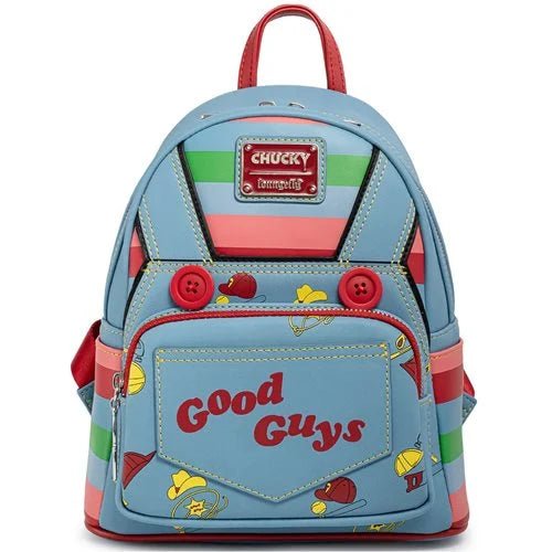Colorful backpack with 'Chucky' branding and 'Good Guys' text on a white background