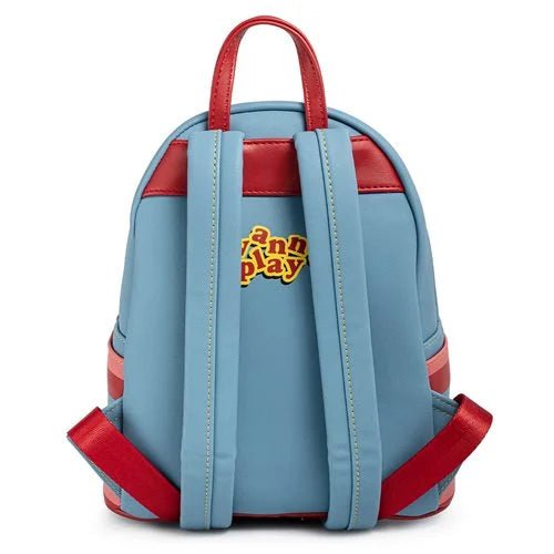 Blue and red backpack with a visible brand logo on a white background