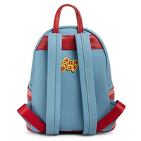Blue and red backpack with a visible brand logo on a white background