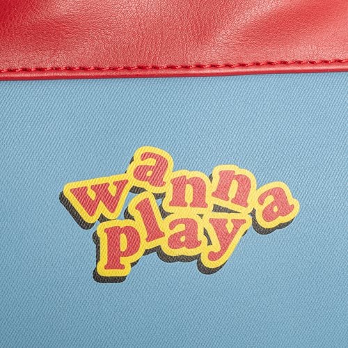 patch with 'wanna play' text on a blue background with red border