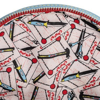Close-up of a round pouch with colorful patterned design on a white background