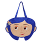 bag with a face design featuring blue hair and a flower, on a white background.