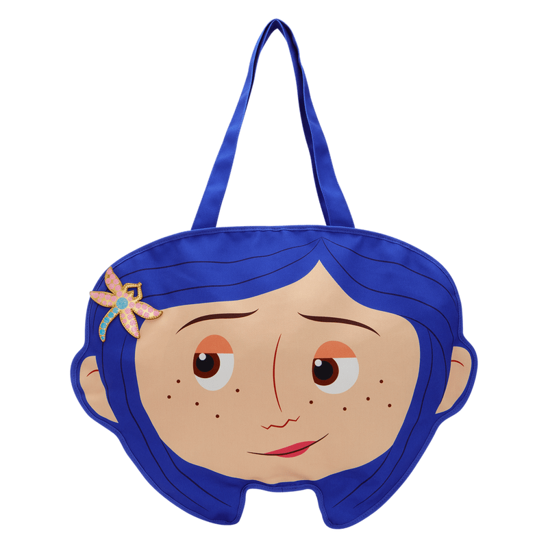 bag with a face design featuring blue hair and a flower, on a white background.
