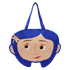 bag with a face design featuring blue hair and a flower, on a white background.