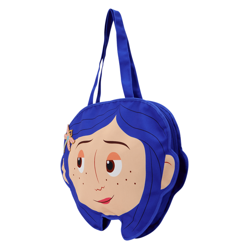 Backpack shaped like a character with blue hair on a white background