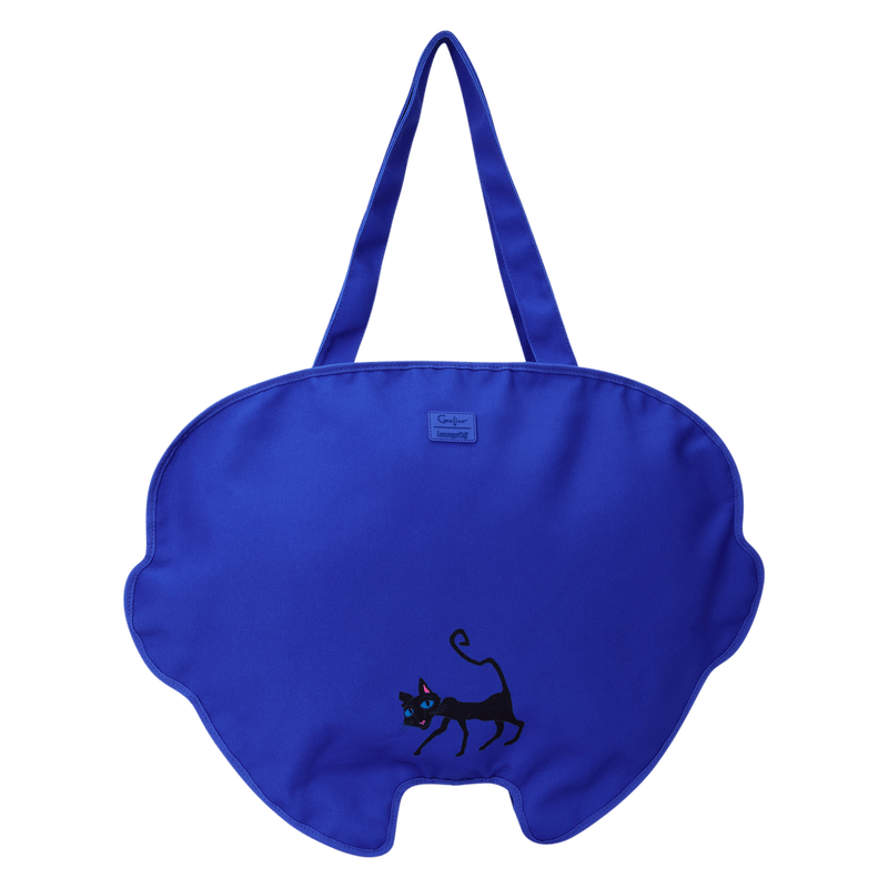 Blue bag with a black cat design on a white background