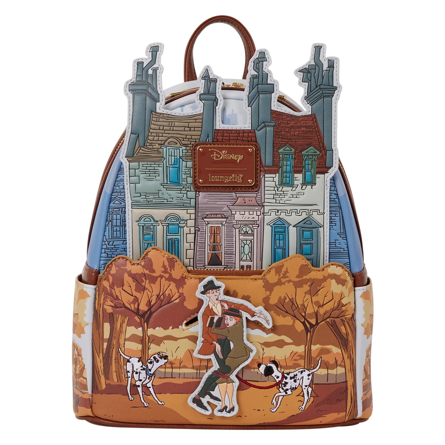 A Disney Paris-themed mini backpack featuring a collage of illustrations from '101 Dalmatians' on a white background.