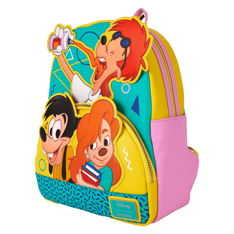 Colorful backpack with cartoon characters on a white background