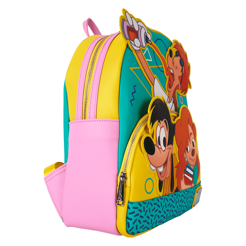 Colorful backpack with cartoon character design on a white background