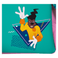 Cartoon character with a yellow shirt and black hair on a teal background