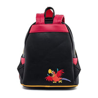 Black backpack with red accents and a cartoon parrot design on a white background