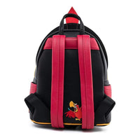 Backpack with red and black straps featuring a cartoon character on a white background