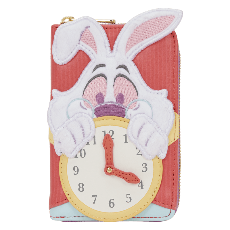 Pink wallet with a cartoon character design featuring a clock and rabbit ears on a white background.