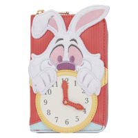 Pink wallet with a cartoon character design featuring a clock and rabbit ears on a white background.