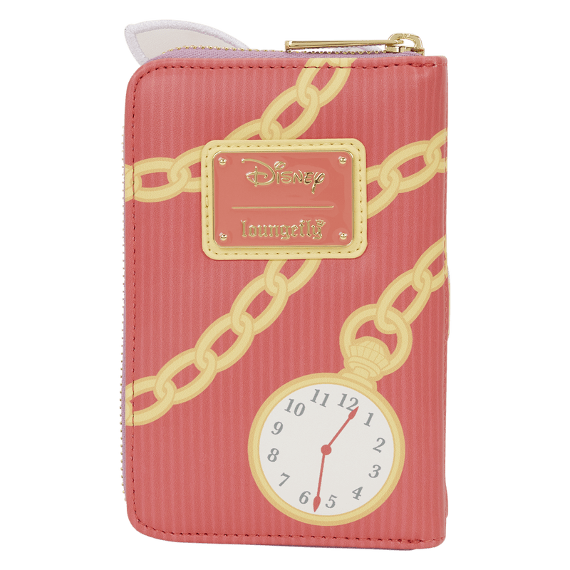 Pink wallet with gold chain design and clock face, featuring a Disney logo.