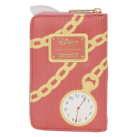 Pink wallet with gold chain design and clock face, featuring a Disney logo.