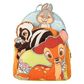 Backpack with cartoon characters including a deer, skunk, and rabbit on a white background