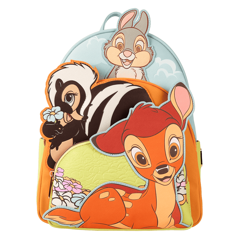 Backpack with cartoon characters including a deer, skunk, and rabbit on a white background