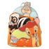 Backpack with cartoon characters including a deer, skunk, and rabbit on a white background