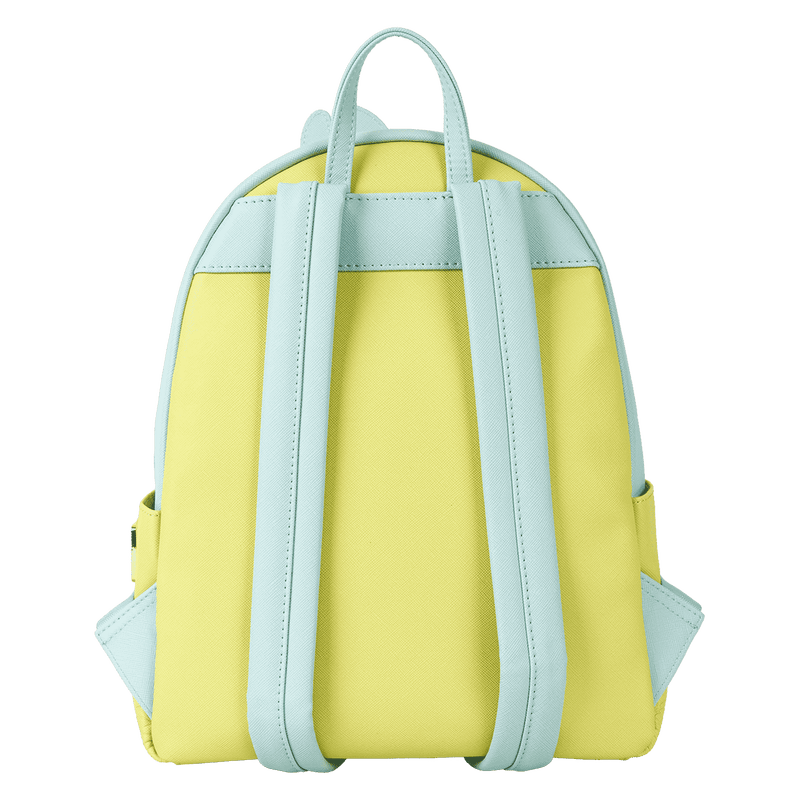 Yellow backpack with light blue straps on a white background