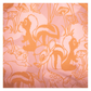 Patterned fabric with orange outlines of animals and plants on a pink background