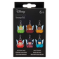 Disney Loungefly mystery box bag charm packaging, featuring six illustrated character charms in different colored seats on a black box with Disney and loungefly branding.