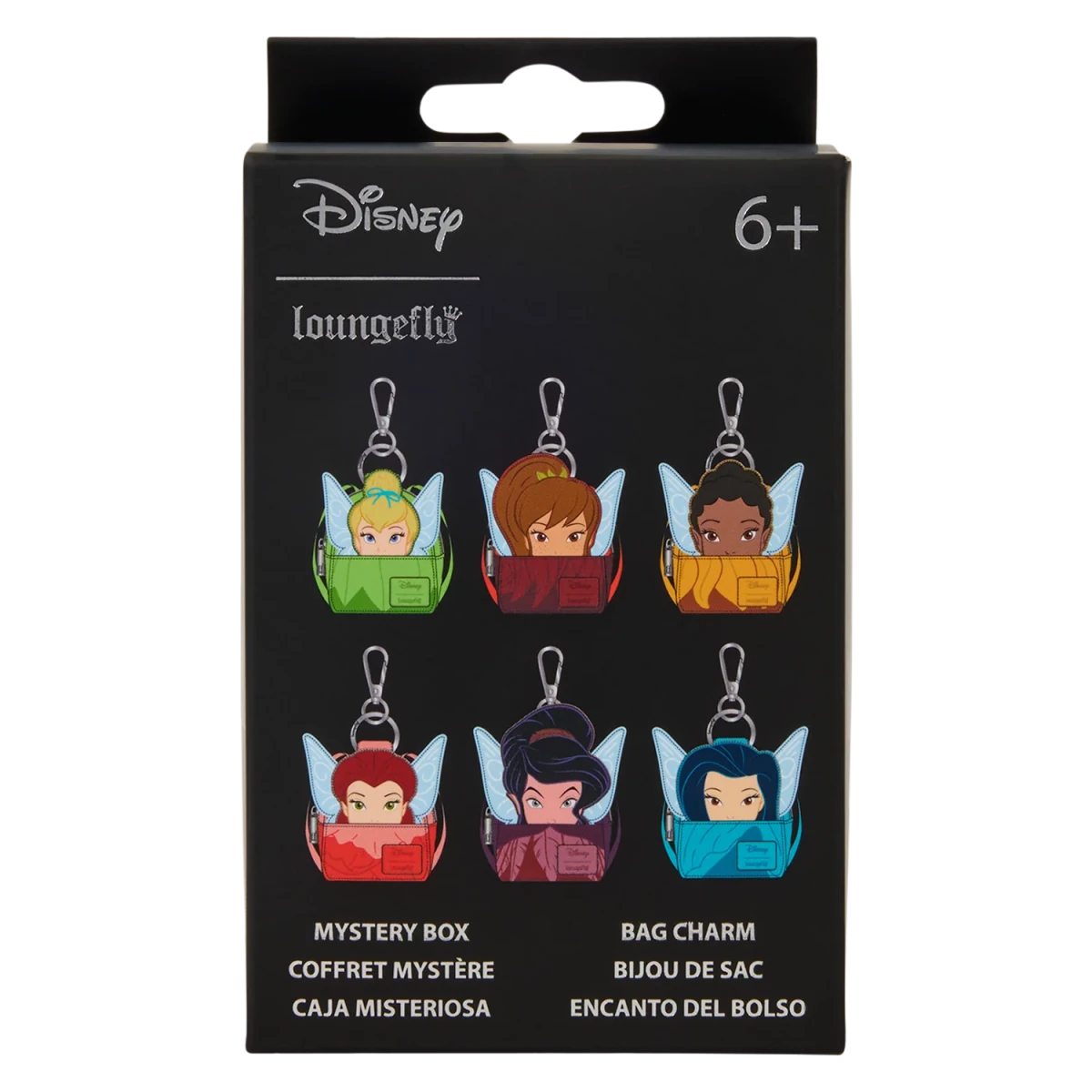 Disney Loungefly mystery box bag charm packaging, featuring six illustrated character charms in different colored seats on a black box with Disney and loungefly branding.