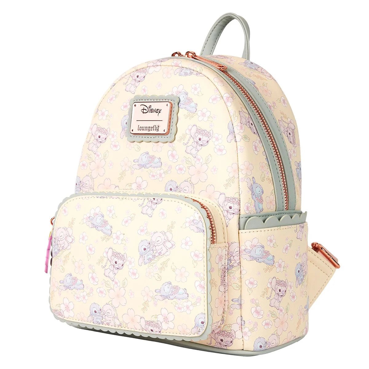 Backpack withstitch and angel pattern and Disney logo on a white background
