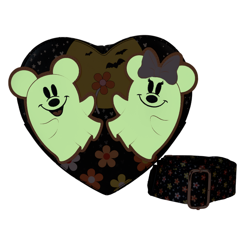 Loungefly Disney Mickey & Minnie Floral Ghost Figural Heart Glow Crossbody Bag