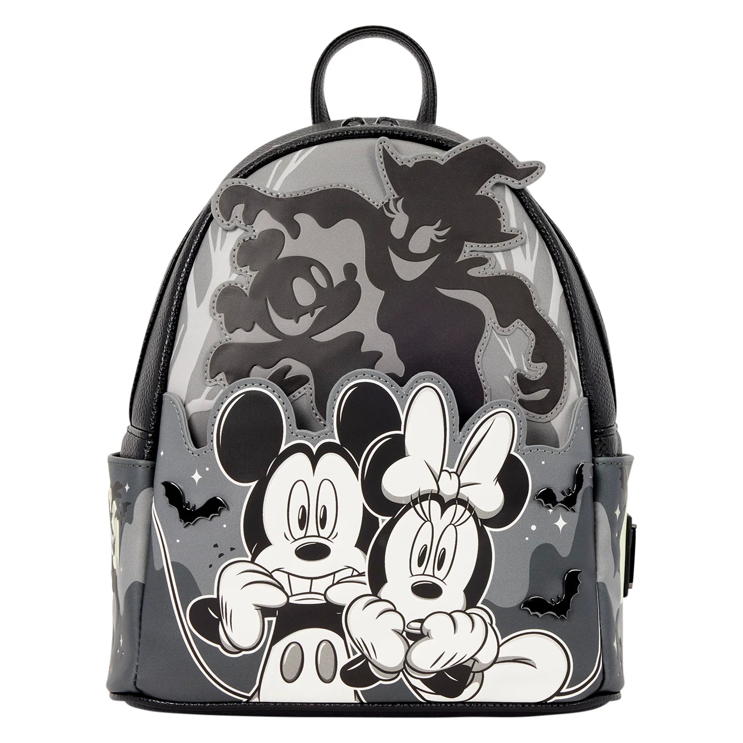 A Disney Minnie Mouse and Mickey Mouse backpack with a gray and black camouflage pattern, featuring black-and-white cartoon characters and spooky silhouettes on a white background.
