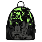 A black Disney-themed backpack featuring Mickey and Minnie Mouse in the foreground and a glowing neon green background with silhouettes of classic Disney villains, shown on a plain white background.