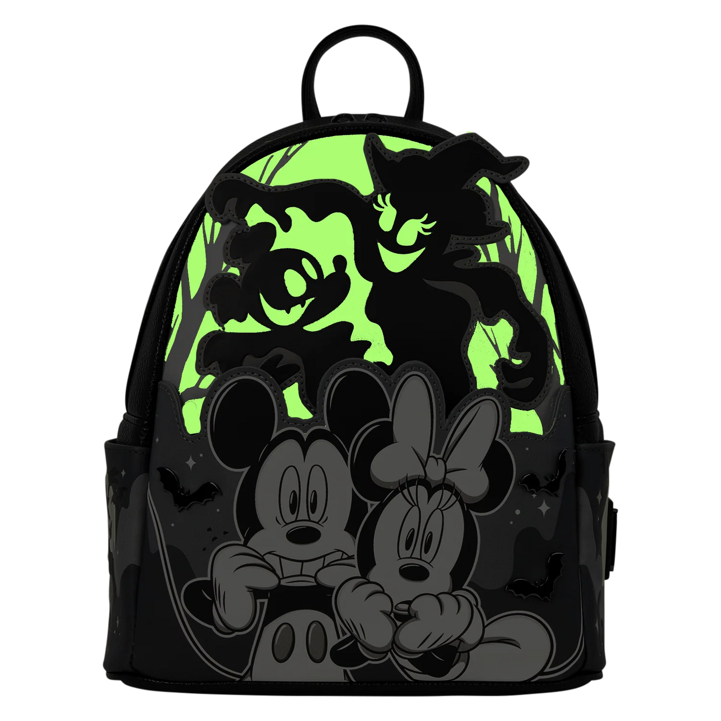 A black Disney-themed backpack featuring Mickey and Minnie Mouse in the foreground and a glowing neon green background with silhouettes of classic Disney villains, shown on a plain white background.